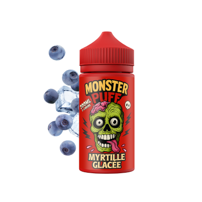 Bouteille rouge Monster Puff 200ml Myrtille Glacée e-liquide avec dessin zombie et myrtilles Bouteille rouge Monster Puff 200ml Myrtille Glacée e-liquide avec dessin zombie et myrtilles
