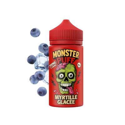 Bouteille rouge Monster Puff 200ml Myrtille Glacée e-liquide avec dessin zombie et myrtilles