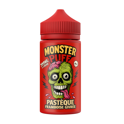 Flacon rouge Monster Puff 200ml, e-liquide pastèque framboise givrée, visuel zombie vert Flacon rouge Monster Puff 200ml, e-liquide pastèque framboise givrée, visuel zombie vert