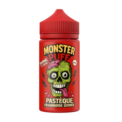 Flacon rouge Monster Puff 200ml, e-liquide pastèque framboise givrée, visuel zombie vert Flacon rouge Monster Puff 200ml, e-liquide pastèque framboise givrée, visuel zombie vert