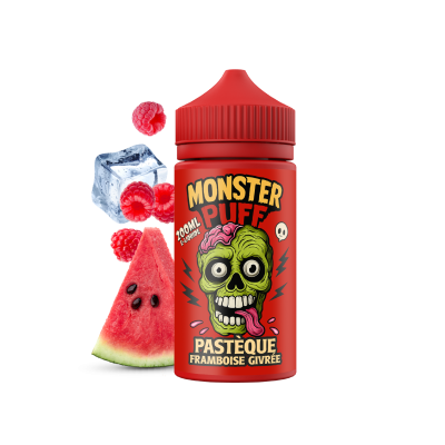 E-liquide Monster Puff 200ml saveur pastèque framboise givrée, bouteille rouge avec logo zombie E-liquide Monster Puff 200ml saveur pastèque framboise givrée, bouteille rouge avec logo zombie