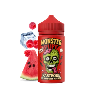 E-liquide Monster Puff 200ml saveur pastèque framboise givrée, bouteille rouge avec logo zombie E-liquide Monster Puff 200ml saveur pastèque framboise givrée, bouteille rouge avec logo zombie