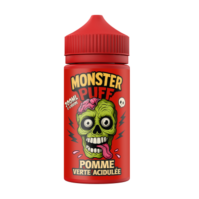 E-liquide Monster Puff 200ml saveur pomme verte acidulée, flacon rouge avec logo zombie E-liquide Monster Puff 200ml saveur pomme verte acidulée, flacon rouge avec logo zombie