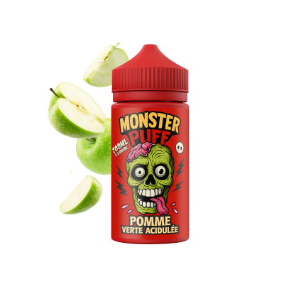 E-liquide Monster Puff 200ml saveur pomme verte acidulée, bouteille rouge avec logo monstre E-liquide Monster Puff 200ml saveur pomme verte acidulée, bouteille rouge avec logo monstre