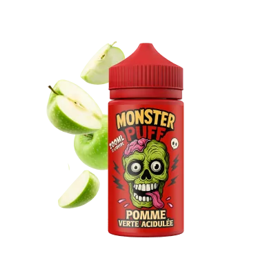 E-liquide Monster Puff 200ml saveur pomme verte acidulée, bouteille rouge avec logo monstre