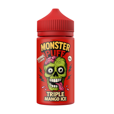 Bouteille rouge E-liquide Monster Puff 200ml Triple Mango Ice avec logo zombie vert Bouteille rouge E-liquide Monster Puff 200ml Triple Mango Ice avec logo zombie vert