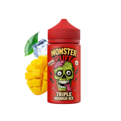 Bouteille rouge d'e-liquide Monster Puff Triple Mango Ice avec image de monstre et mangue
