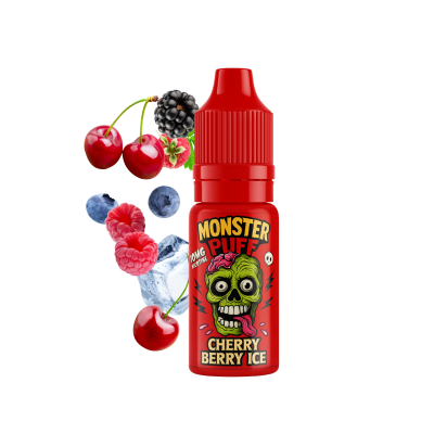 E-liquide Monster Puff Cherry Berry Ice 10ml avec fruits rouges et glace sur fond noir E-liquide Monster Puff Cherry Berry Ice 10ml avec fruits rouges et glace sur fond noir