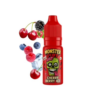 E-liquide Monster Puff Cherry Berry Ice 10ml avec fruits rouges et glace sur fond noir