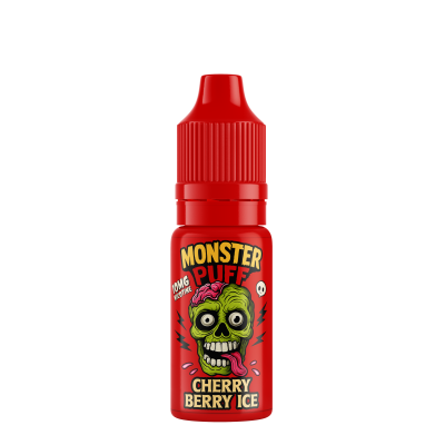 Flacon rouge e-liquide Monster Puff 10ml Cherry Berry Ice avec logo zombie vert Flacon rouge e-liquide Monster Puff 10ml Cherry Berry Ice avec logo zombie vert