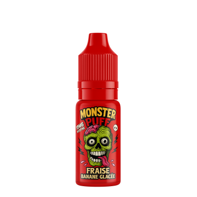 Flacon rouge d'e-liquide Monster Puff 10ml saveur fraise banane glacée avec logo zombie Flacon rouge d'e-liquide Monster Puff 10ml saveur fraise banane glacée avec logo zombie