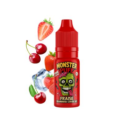 E-liquide Monster Puff fraise framboise cerise menthol avec fruits frais et flacon rouge E-liquide Monster Puff fraise framboise cerise menthol avec fruits frais et flacon rouge