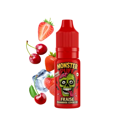 E-liquide Monster Puff fraise framboise cerise menthol avec fruits frais et flacon rouge E-liquide Monster Puff fraise framboise cerise menthol avec fruits frais et flacon rouge