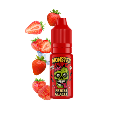 E-liquide Monster Puff saveur fraise glacée, flacon rouge avec strawberries flottantes E-liquide Monster Puff saveur fraise glacée, flacon rouge avec strawberries flottantes