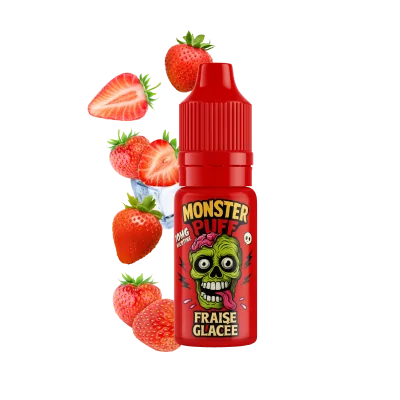 E-liquide Monster Puff saveur fraise glacée, flacon rouge avec strawberries flottantes