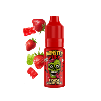 E-liquide Monster Puff saveur fraise bonbon, flacon rouge avec logo zombie et fraises E-liquide Monster Puff saveur fraise bonbon, flacon rouge avec logo zombie et fraises