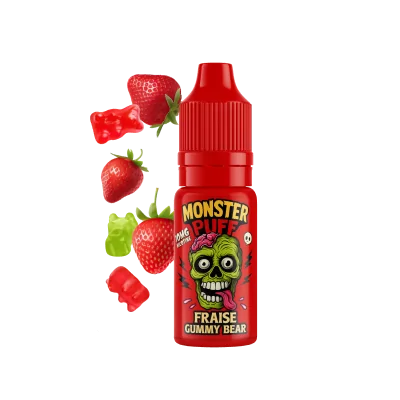 E-liquide Monster Puff saveur fraise bonbon, flacon rouge avec logo zombie et fraises E-liquide Monster Puff saveur fraise bonbon, flacon rouge avec logo zombie et fraises