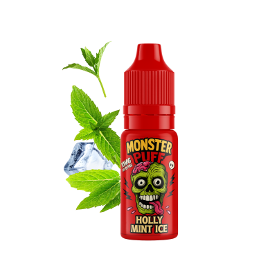 E-liquide Monster Puff Holly Mint Ice 10ml, bouteille rouge avec zombie vert, menthe et glaçons E-liquide Monster Puff Holly Mint Ice 10ml, bouteille rouge avec zombie vert, menthe et glaçons