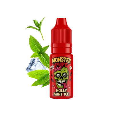 E-liquide Monster Puff Holly Mint Ice 10ml, bouteille rouge avec zombie vert, menthe et glaçons