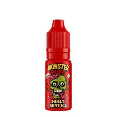 Flacon rouge d'e-liquide Monster Puff 10ml Holly Mint Ice avec logo de monstre vert Flacon rouge d'e-liquide Monster Puff 10ml Holly Mint Ice avec logo de monstre vert