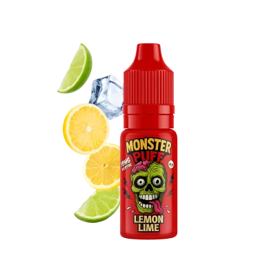 Flacon rouge Monster Puff e-liquide goût citron-lime avec fruits frais et glaçons