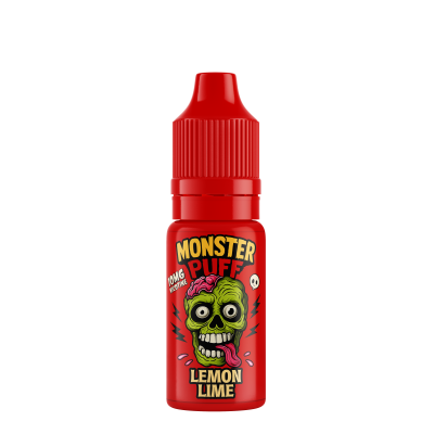 Flacon rouge d'e-liquide Monster Puff saveur citron-lime avec logo zombie vert Flacon rouge d'e-liquide Monster Puff saveur citron-lime avec logo zombie vert