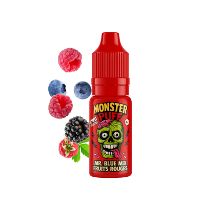 E-liquide Monster Puff 10ml Mr Blue Mix Fruits Rouges, flacon rouge avec fruits rouges E-liquide Monster Puff 10ml Mr Blue Mix Fruits Rouges, flacon rouge avec fruits rouges