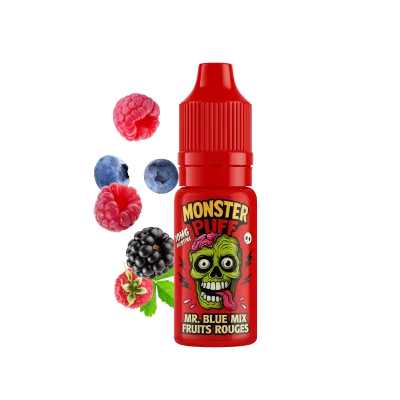 E-liquide Monster Puff 10ml Mr Blue Mix Fruits Rouges, flacon rouge avec fruits rouges