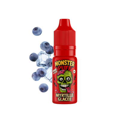 E-liquide Monster Puff saveur myrtille glacée, flacon rouge avec logo zombie vert E-liquide Monster Puff saveur myrtille glacée, flacon rouge avec logo zombie vert