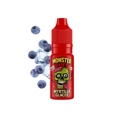 E-liquide Monster Puff saveur myrtille glacée, flacon rouge avec logo zombie vert