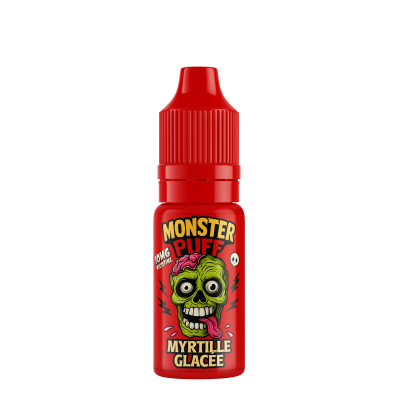 E-liquide Monster Puff saveur myrtille glacée, flacon rouge avec tête de zombie verte E-liquide Monster Puff saveur myrtille glacée, flacon rouge avec tête de zombie verte