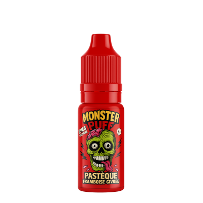Flacon rouge d'e-liquide Monster Puff saveur pastèque framboise givrée, logo zombie vert Flacon rouge d'e-liquide Monster Puff saveur pastèque framboise givrée, logo zombie vert