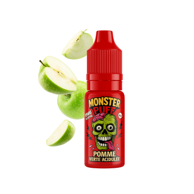 E-liquide Monster Puff saveur pomme verte acidulée avec illustration de zombie sur fond rouge E-liquide Monster Puff saveur pomme verte acidulée avec illustration de zombie sur fond rouge