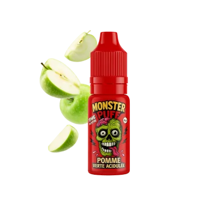 E-liquide Monster Puff saveur pomme verte acidulée avec illustration de zombie sur fond rouge