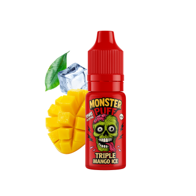 E-liquide Monster Puff saveur Triple Mango Ice, bouteille rouge avec logo zombie vert E-liquide Monster Puff saveur Triple Mango Ice, bouteille rouge avec logo zombie vert