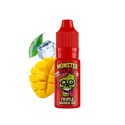 E-liquide Monster Puff saveur Triple Mango Ice, bouteille rouge avec logo zombie vert