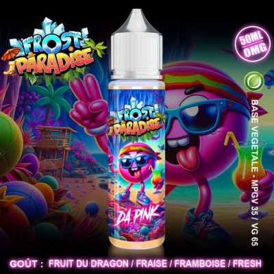 E-liquide Frost Paradise Da Pink 50ml, saveur fruits exotiques, design coloré tropical