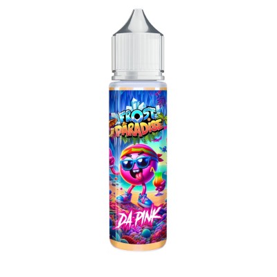 E-liquide Frost Paradise Da Pink 50ml, flacon avec étiquette colorée et personnage fruits