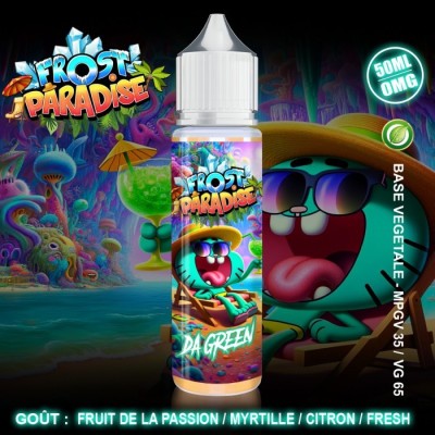 E-liquide Da Green Frost Paradise, saveur fruits exotiques, flacon 50ml avec packaging coloré E-liquide Da Green Frost Paradise, saveur fruits exotiques, flacon 50ml avec packaging coloré