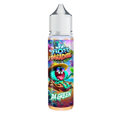 Flacon e-liquide Da Green 50ml Frost Paradise, design coloré avec personnage cartoon Flacon e-liquide Da Green 50ml Frost Paradise, design coloré avec personnage cartoon