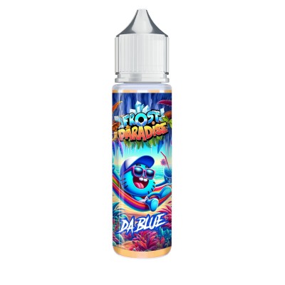 E-liquide Frost Paradise Da Blue 50ml, flacon avec étiquette colorée et design tropical E-liquide Frost Paradise Da Blue 50ml, flacon avec étiquette colorée et design tropical
