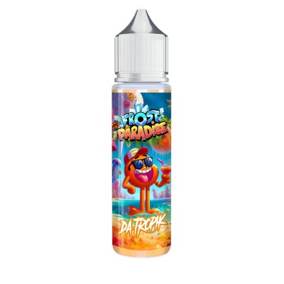 Flacon e-liquide Frost Paradise Da Tropik 50ml, personnage rouge fruité, design coloré Flacon e-liquide Frost Paradise Da Tropik 50ml, personnage rouge fruité, design coloré
