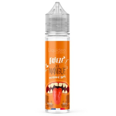 Flacon e-liquide Freeze Mangue 50ml Liquideo, orange avec image de bouche et langue