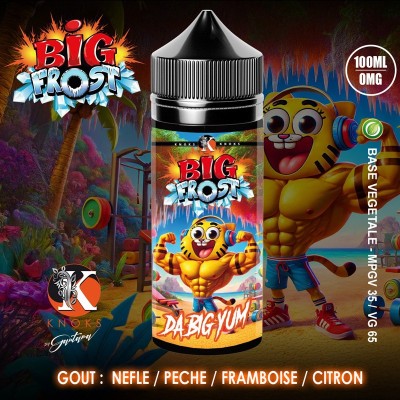E-liquide Big Frost Da Big Yum 100ml, saveurs nèfle, pêche, framboise, citron, design coloré