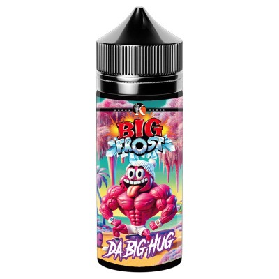 Bouteille de e-liquide Big Frost Da Big Hug avec monstre rose sur fond coloré Bouteille de e-liquide Big Frost Da Big Hug avec monstre rose sur fond coloré