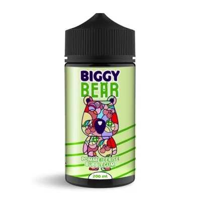 Flacon e-liquide Biggy Bear Pomme Cerise Bubble Gum 200ml, design coloré d'ours stylisé