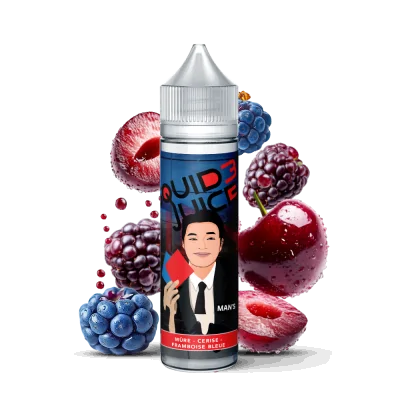 E-liquide Man's Squid Juice 3 saveur baies sauvages fruitées, flacon entouré de fruits rouges E-liquide Man's Squid Juice 3 saveur baies sauvages fruitées, flacon entouré de fruits rouges