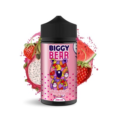 Flacon Biggy Bear 200ml saveur Pitaya Fraise Pastèque avec fruits colorés en arrière-plan Flacon Biggy Bear 200ml saveur Pitaya Fraise Pastèque avec fruits colorés en arrière-plan
