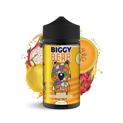 Flacon e-liquide Biggy Bear saveur melon et fruit du dragon avec illustrations de fruits