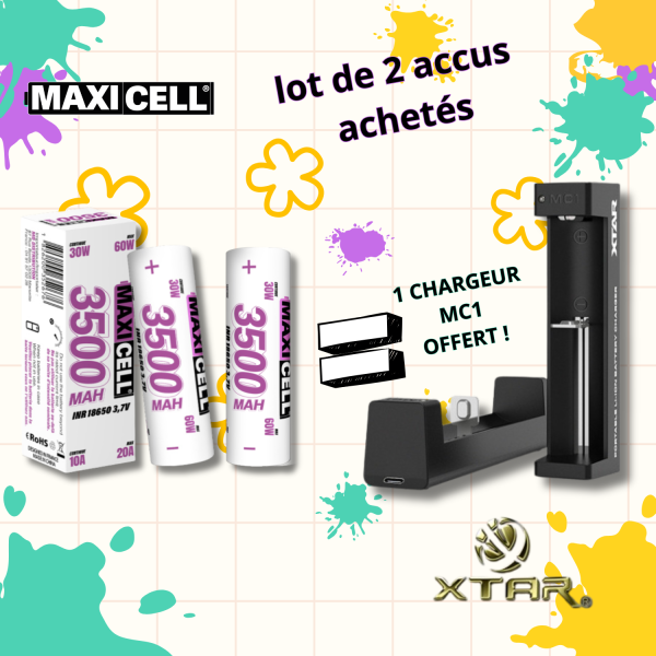 Pack 2 Accus 3500 mAh 18650 MAXICELL + Chargeur MC1 XTAR